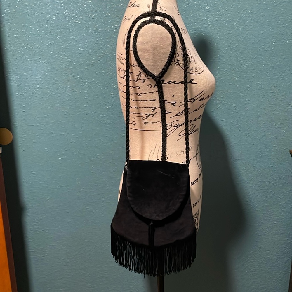 Annie of California black velvet evening bagw/fringe, paisley print inside